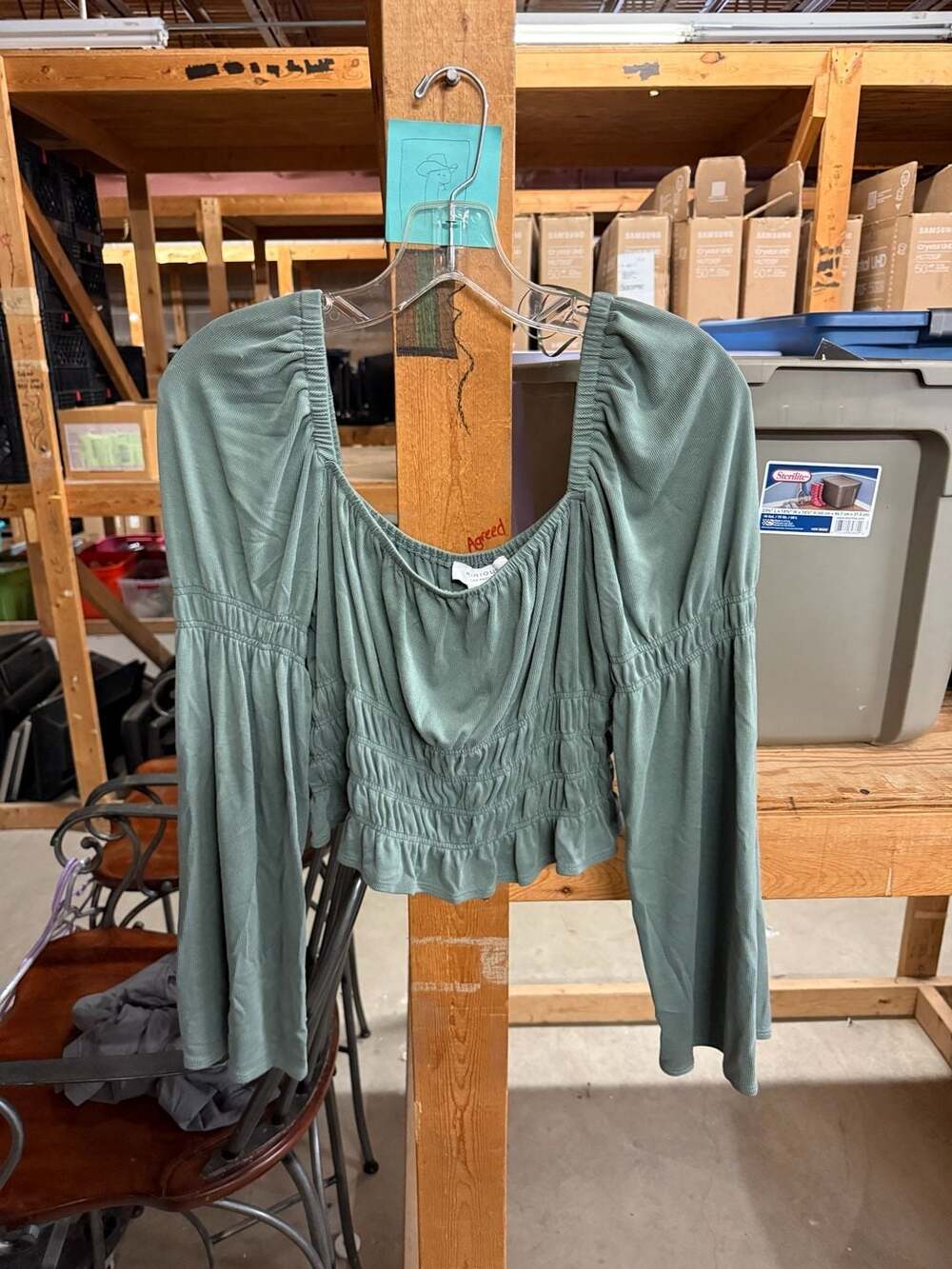 Kerious Long Sleeve Top Size L Green Smocked Milkmaid Blouse